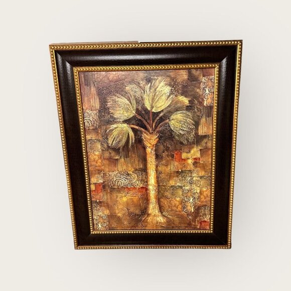 Framed Oil Palm Tree Painting Signed By Albena - Textured Art With Ornate Brown - Picture 6 of 14
